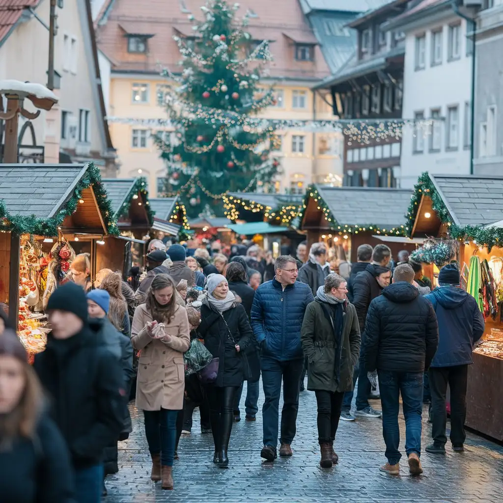 new year's fair people are walking on it in the background decorated tree