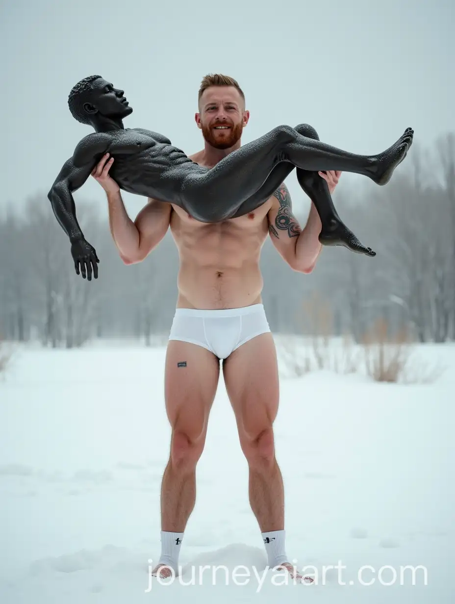 Strong-Ginger-Man-Lifting-Unconscious-Statue-in-Snowy-Landscape