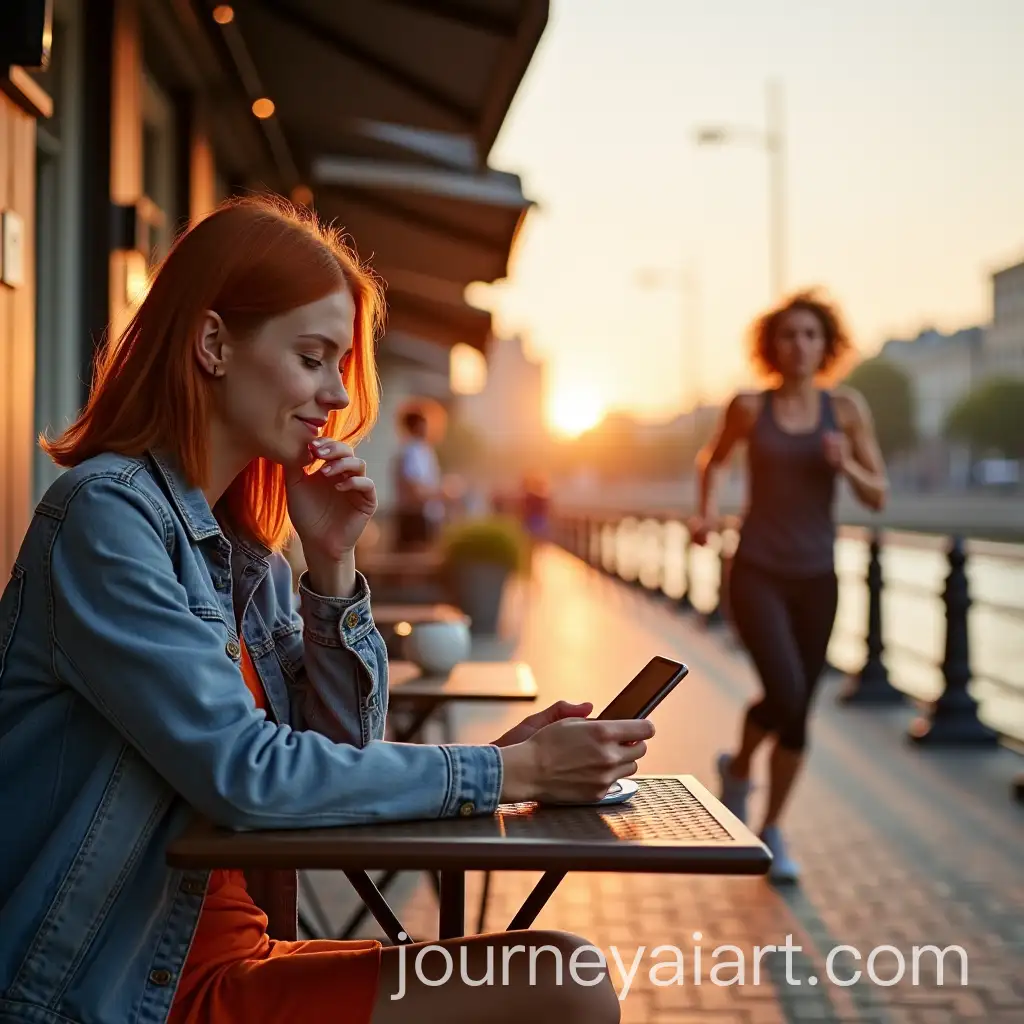 Young-Woman-Enjoying-Coffee-at-Outdoor-Caf-and-Jogger-at-Dawn-by-City-Riverbank