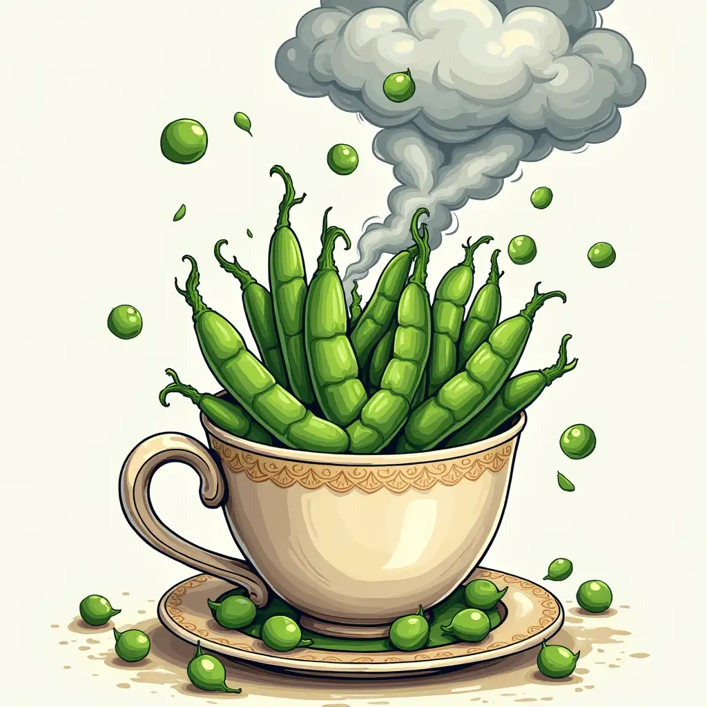 A cartoon drawing of a storm in a cup full of peas