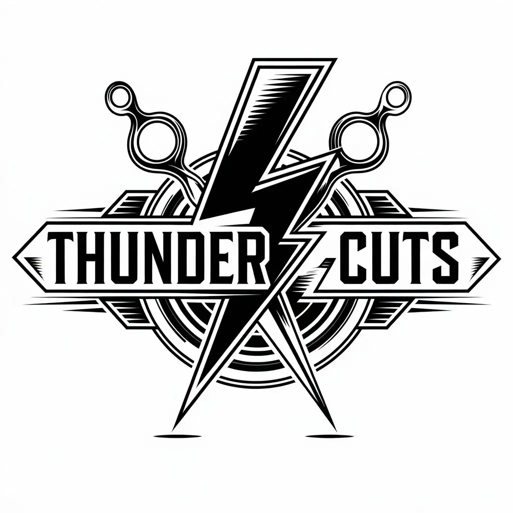 LOGO Design for Thunder Cuts Bold Thunderbolt and Barber Scissors on Clear Background