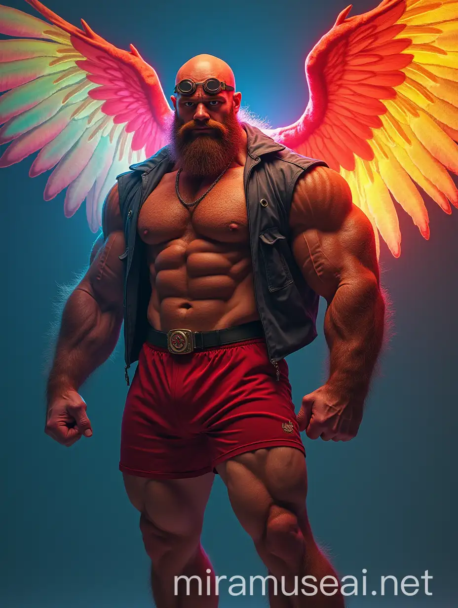 Muscular Bodybuilder Daddy with RainbowColored Wings and Doraemon Goggles