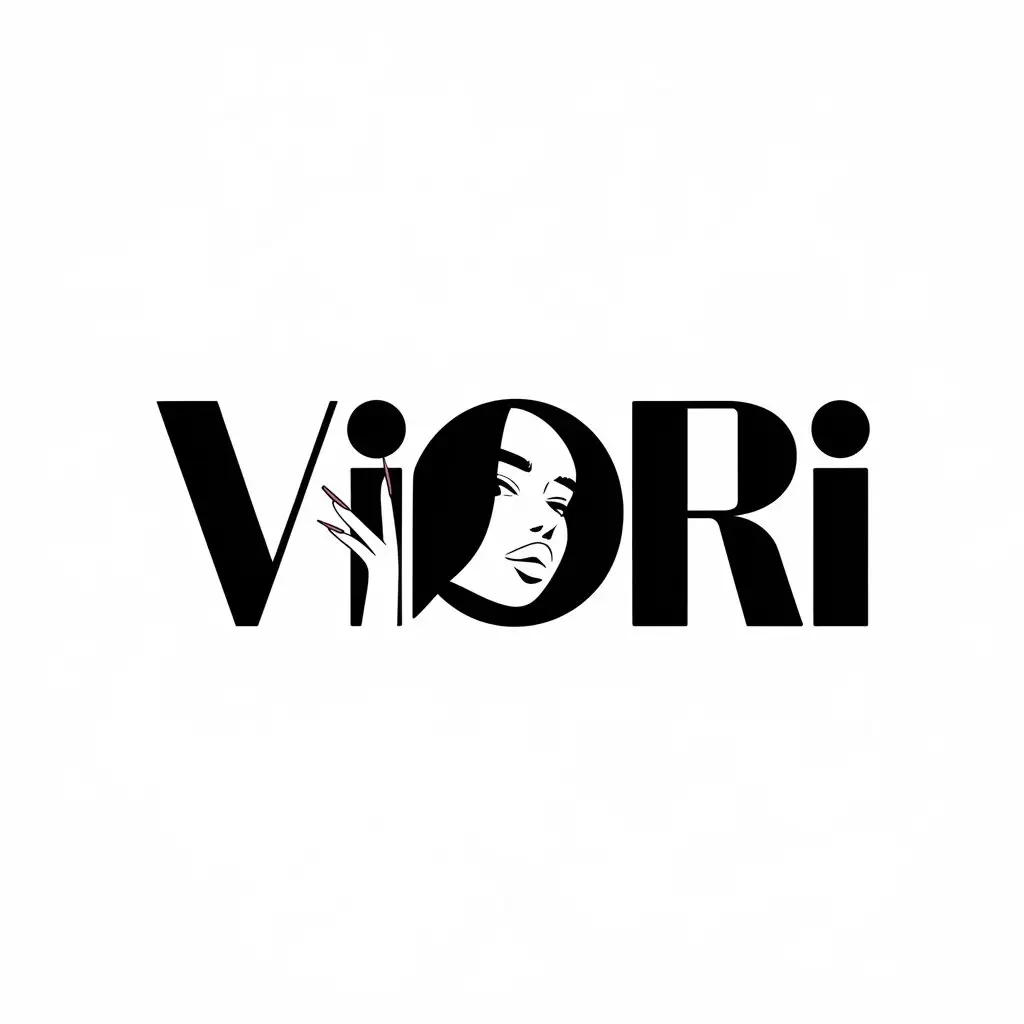 a vector logo design,with the text "Viori", main symbol:Text viori, to the left a bold girl with long nails,Moderate,be used in Manicure industry,clear background