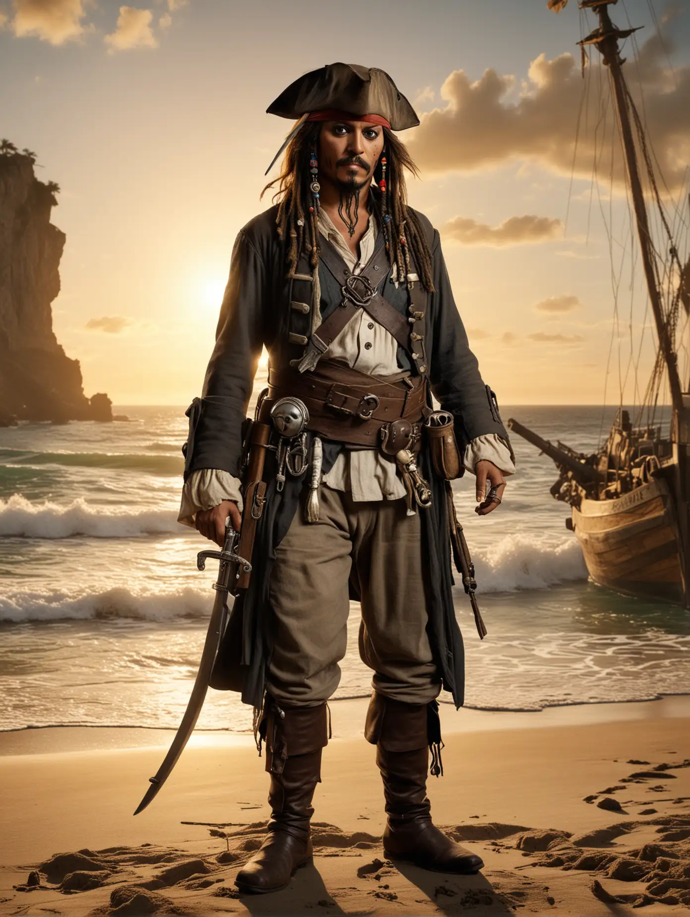 A photorealistic photo of Captain Jack Sparrow from Pirates of the Caribbean. Full length in a heroic pose with a sword in one hand and a musket in the other. Against a beach landscape, sea, setting sun and ship in the background.