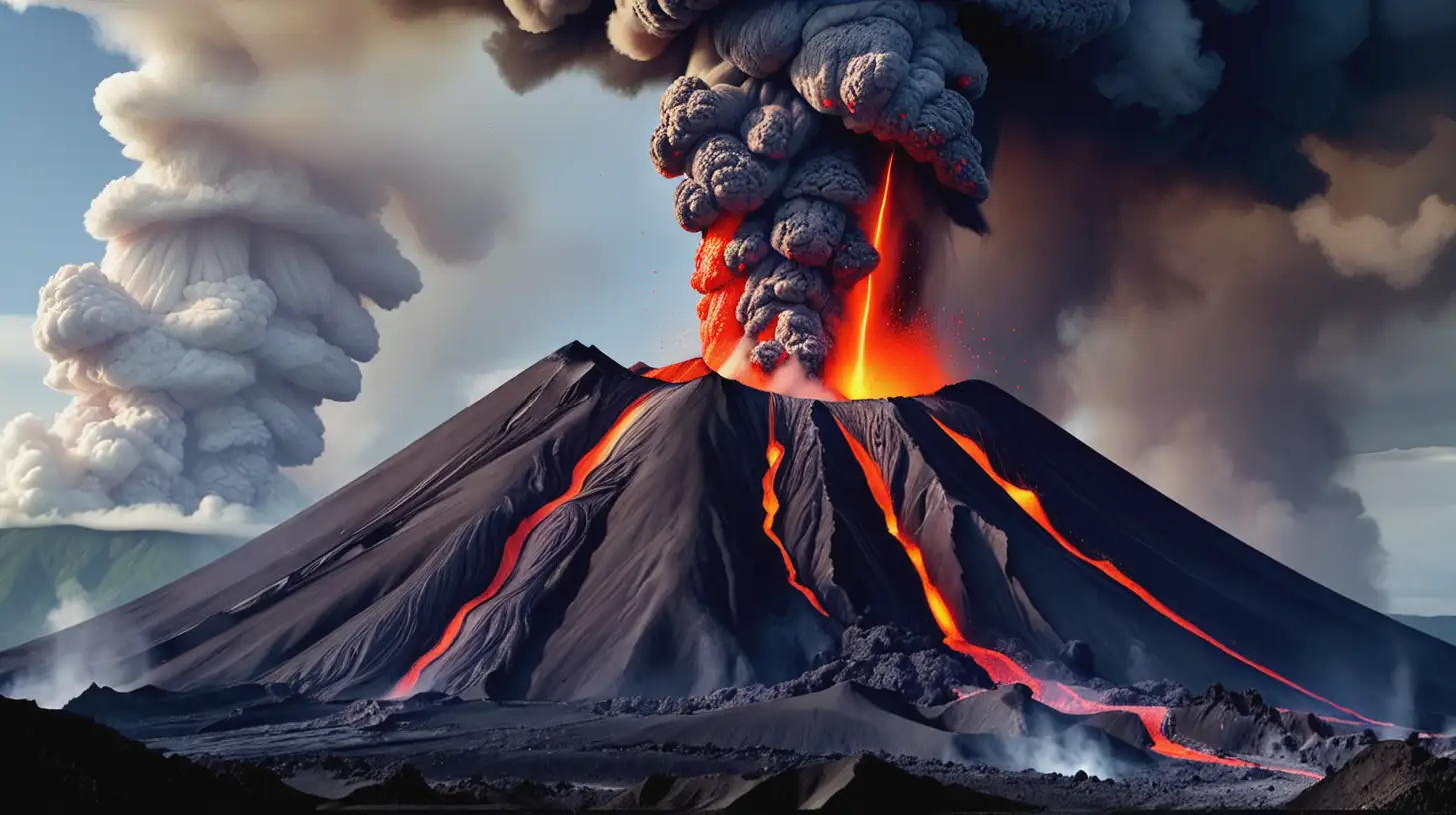 Erupting Volcano with Lava Flowing Downhill