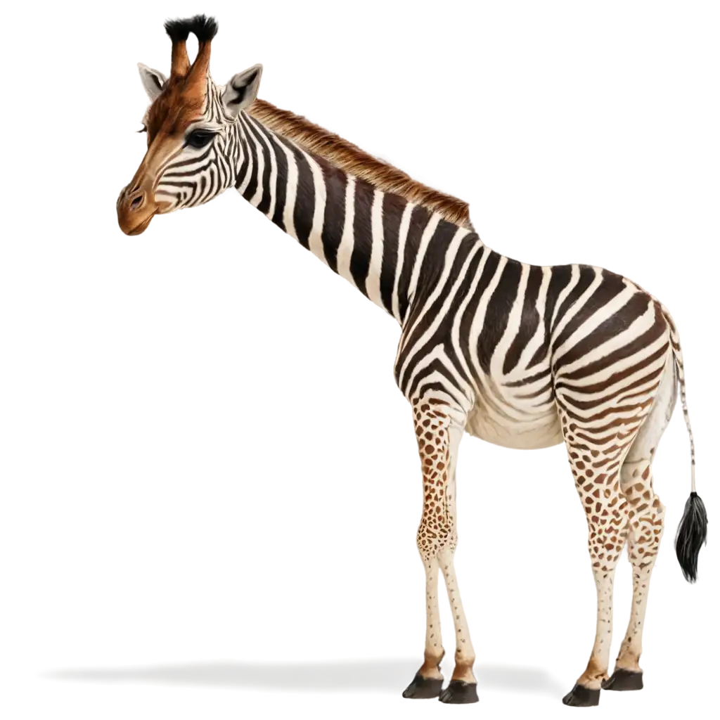 a zebra-striped giraffe seen from the side