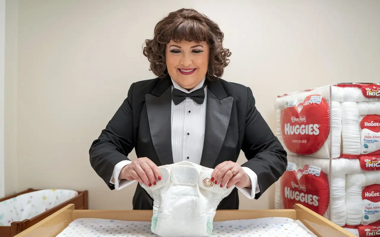 sweet very beautiful smiling middle aged huge fat obese woman with large wide huge hips, Caucasian, short brunette curly hair with curly bangs, standing facing forward wearing a very formal concert tuxedo with black long sleeve cropped Eton jacket, white wing tip tuxedo shirt with pleated front, scarlet red adjustable around collar neckband diamond point bow tie, scarlet red cummerbund, black tight high cut cotton leotard bottom with elastic waistband, nylons, unfolding a large white plastic Huggies disposable diaper while leaning over a changing table with a large scarlet red and white plastic package that reads 'Huggies THICK Diapers' in a nursery, front view