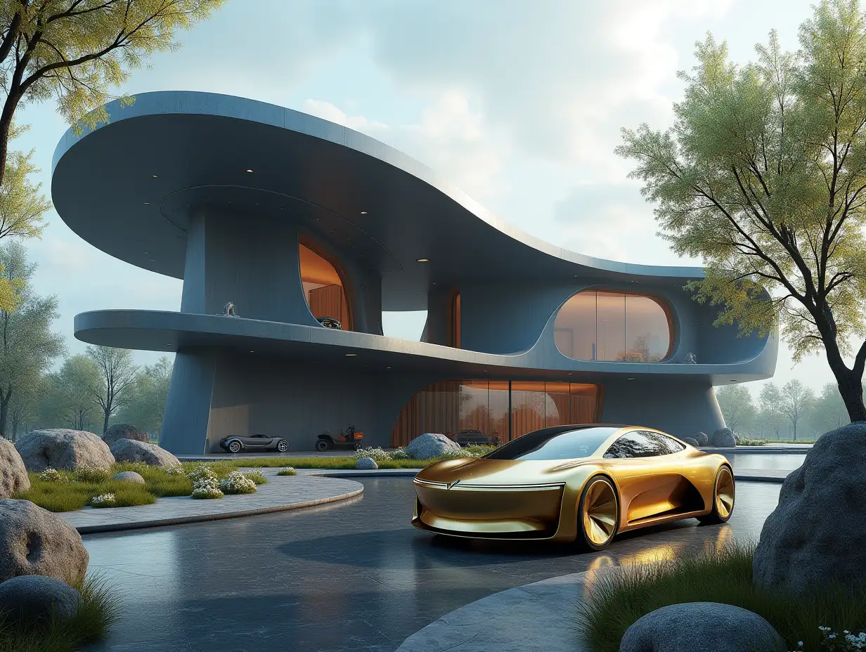 Create a high-resolution realistic image in 4k resolution, a futuristic grey-black building with curved columns, trees, rocks, flowers, a futuristic golden vehicle with glass window, cloudy sky