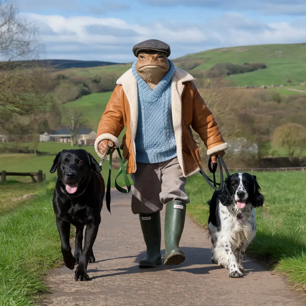 A Toad wearing a sheepskin jacket, knitted jumper, a flat cap and wellington boots walking his black Labrador and black and white springer spaniel in the Yorkshire dales