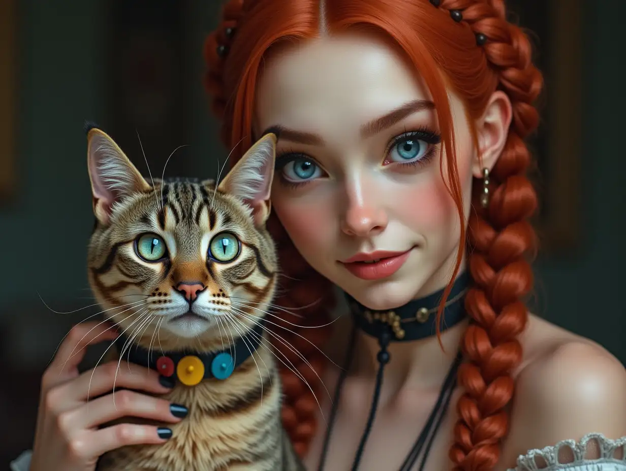 Detailed photorealistic image of a woman with red braids with a cat with blue eyes and a collar with colorful ornaments