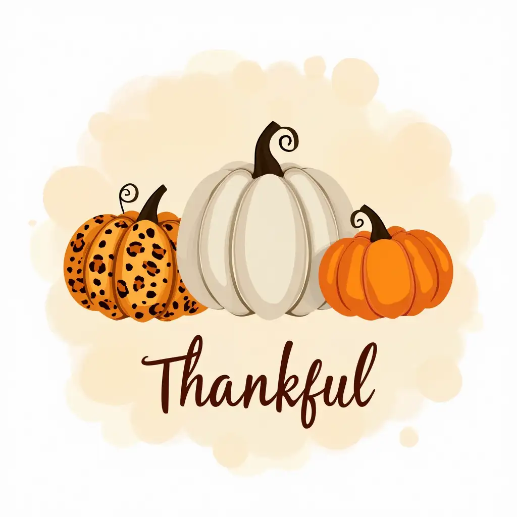 Vector, Simple lines. Three pumpkins, one adorned with a leopard print pattern, another in a neutral color, and the third in a vibrant orange. The word 'Thankful' is written in bold, cursive script below the pumpkins. The image should have a warm, inviting aesthetic with detailed textures and vibrant colors. Elements such as the texture of the leopard print, the ripples on the pumpkins, and the cursive style of the lettering should be clearly visible. The background should be a subtle watercolor wash with soft, blended colors. seamless design