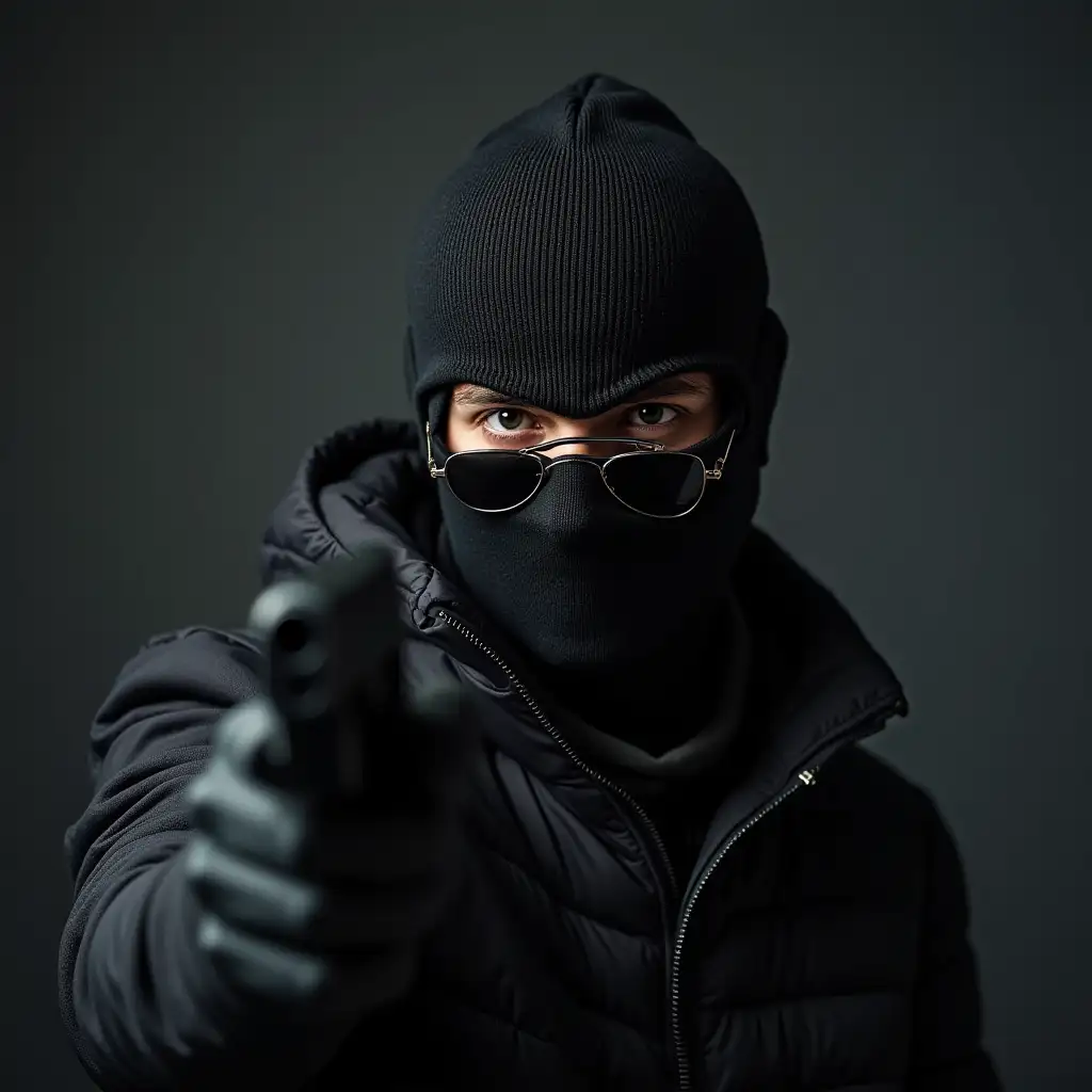 A robber with a balaclava on his head, fashionable glasses and a gun in his hand