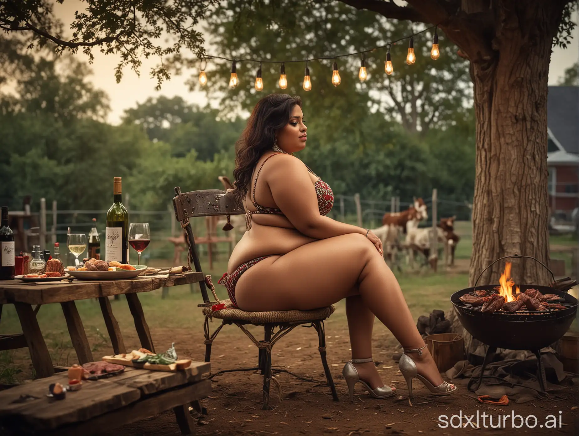 Chubby-Indian-Woman-Grilling-Beef-and-Enjoying-Wine-Outdoors