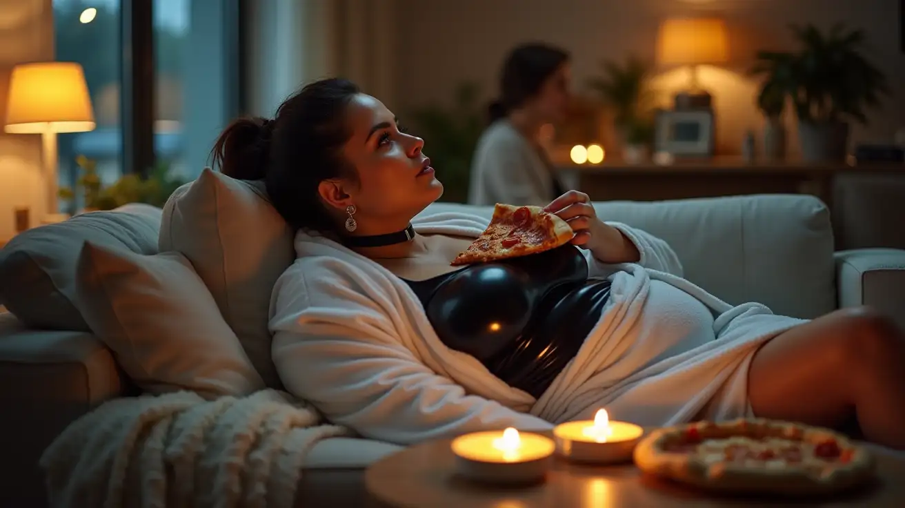 Relaxed-Brunette-Enjoys-Pizza-Night-in-a-Modern-Apartment