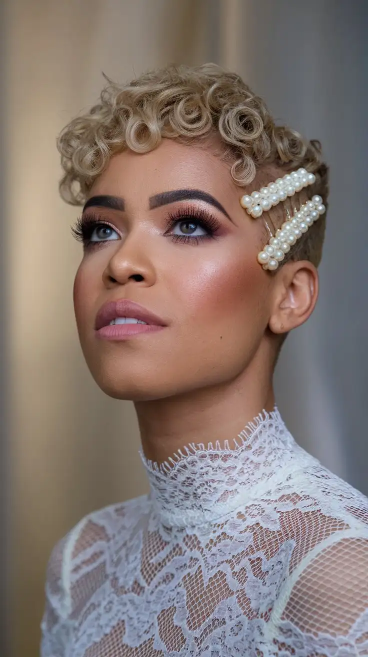 Close-up portrait, bride with strong, confident gaze, looking slightly upwards, indoor studio shot, short, curly pixie cut, textured and defined curls, statement pearl hair clips clustered on one side, bold makeup, wearing a high-neck lace wedding top, modern, sophisticated, realistic, detailed curly hair texture, shallow depth of field, soft grey background