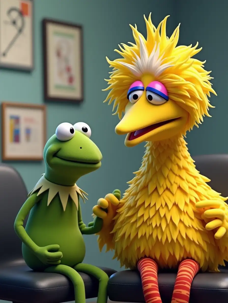 Big bird is crying at the doctor's office and Kermit the frog is sitting next to him and Kermit is comforting big bird 