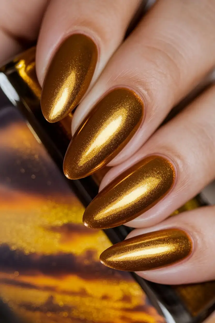 A close-up shot of a hand with almond-shaped nails painted in a shimmering, metallic gold-yellow nail polish. The finish is highly reflective, catching the light to create a beautiful golden glow. The background is a blurred image of a sunset with warm golden and orange hues. The focus is sharp on the nails, showcasing the luxurious and radiant gold-yellow color.