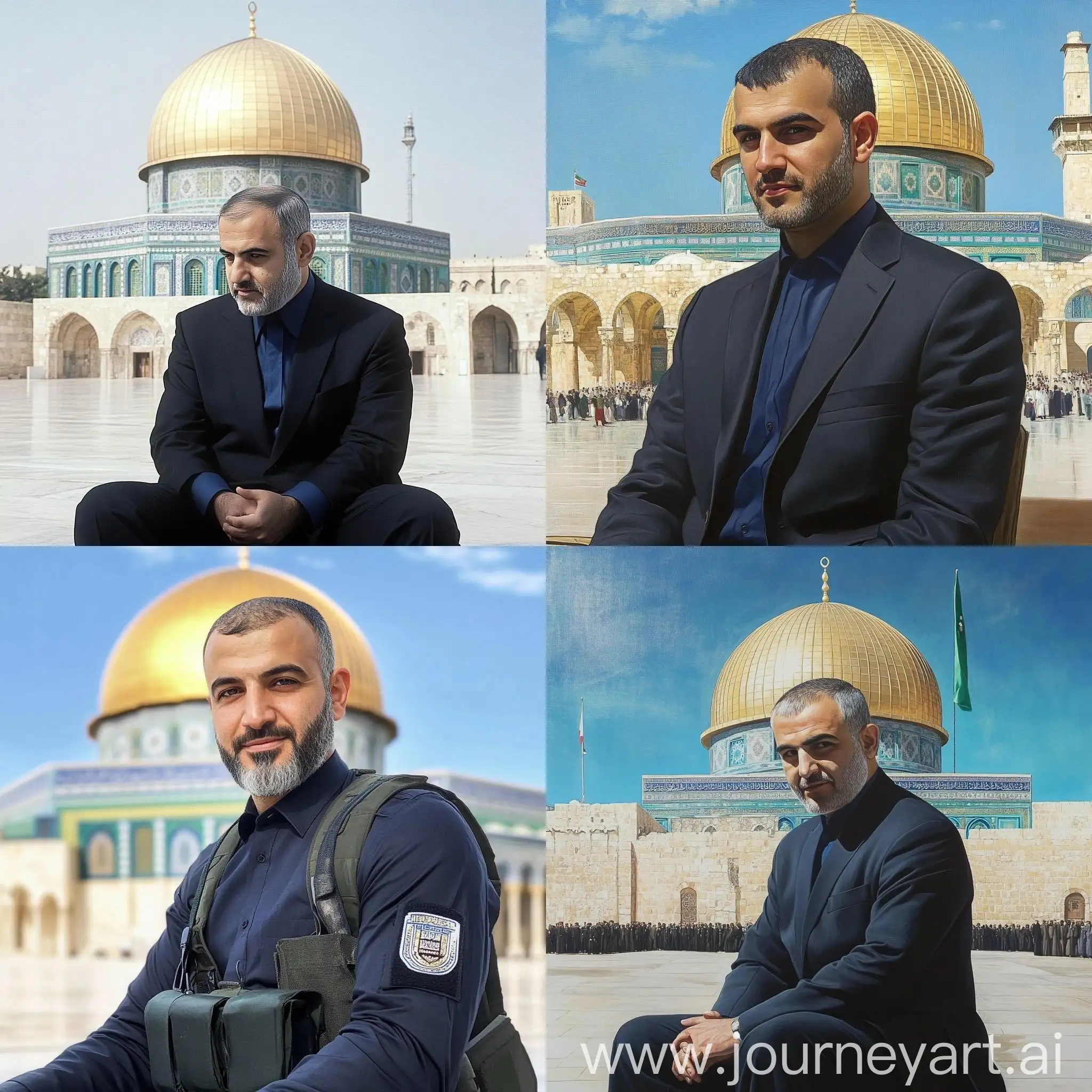 Soldier-in-Blue-Shirt-and-Black-Suit-with-Dome-of-Rock-in-Background