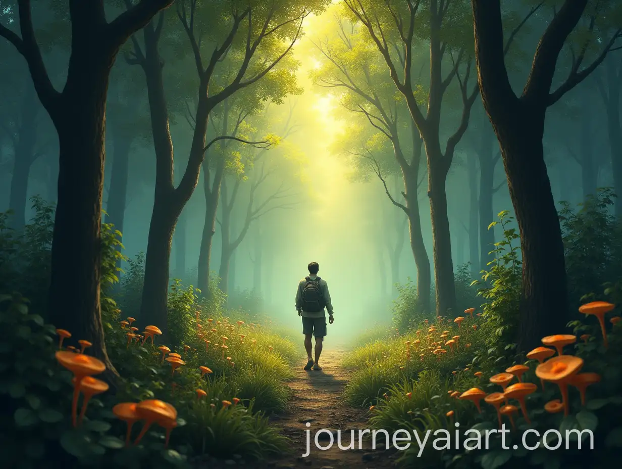 Lone-Adventurer-in-EnchAI-Image-Prompt-Expansionanted-Forest-with-Magical-Tome-and-Glowing-Fungi