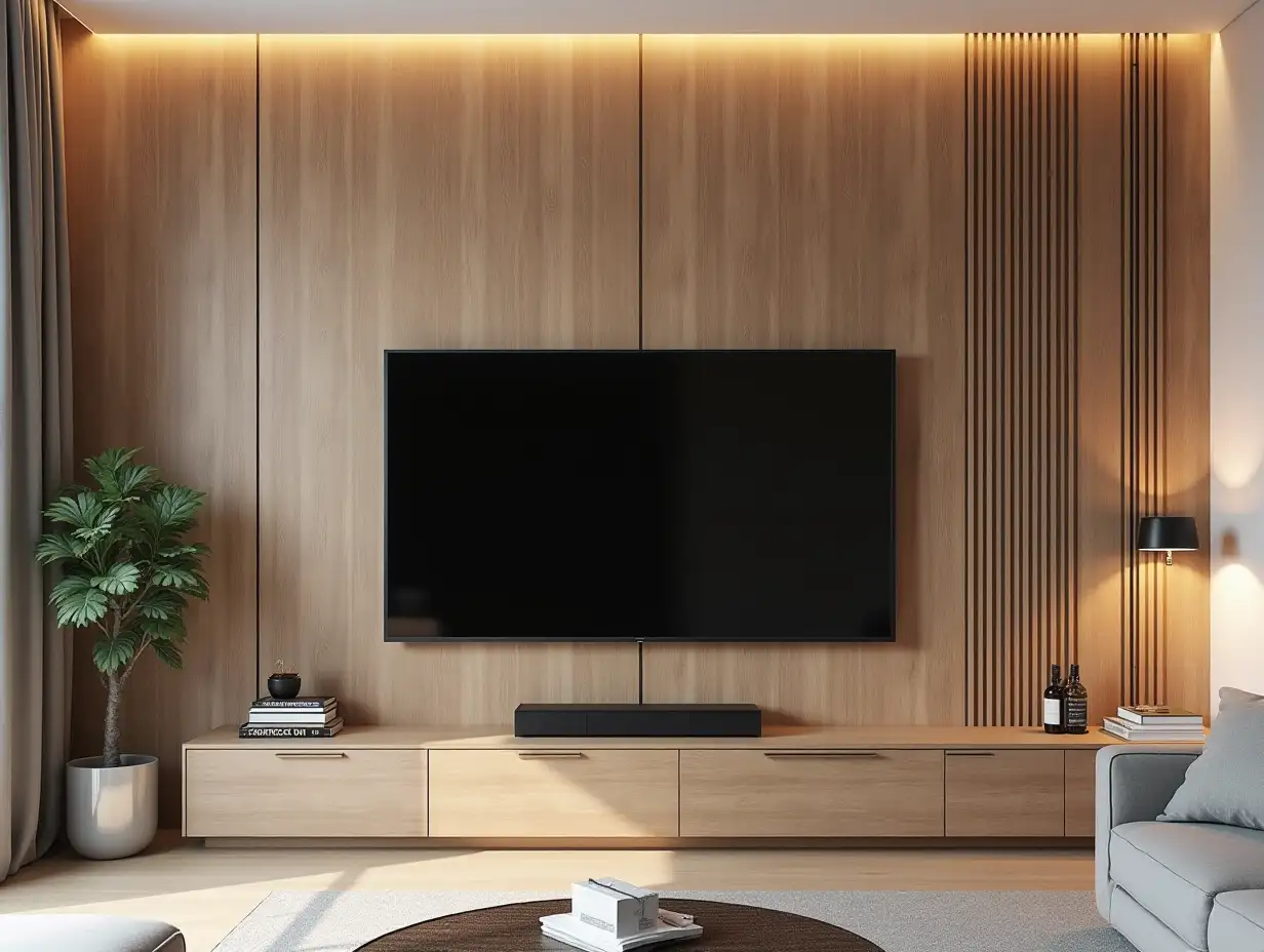 The interior view of a living room of a home where linear thermowall wood is used on its wall. Simple and clean design. It can also be from the TV wall inside the room