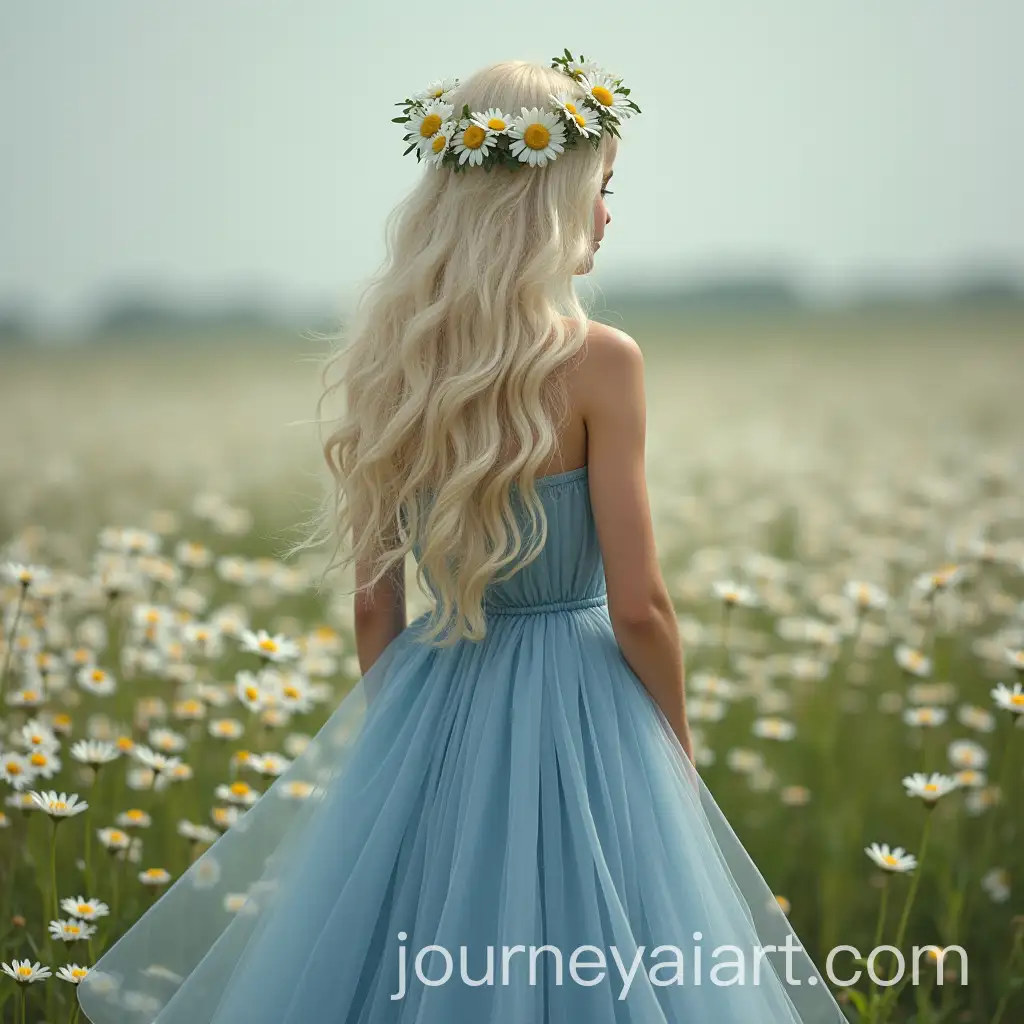 Beautiful-Young-Woman-in-Blue-Dress-Standing-in-Daisy-Field