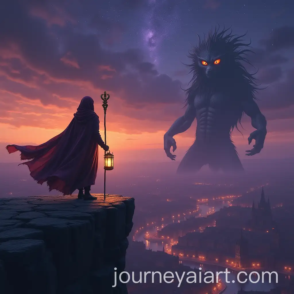 Mysterious-Traveler-Facing-Ancient-Creature-at-Twilight-Over-a-Glowing-City