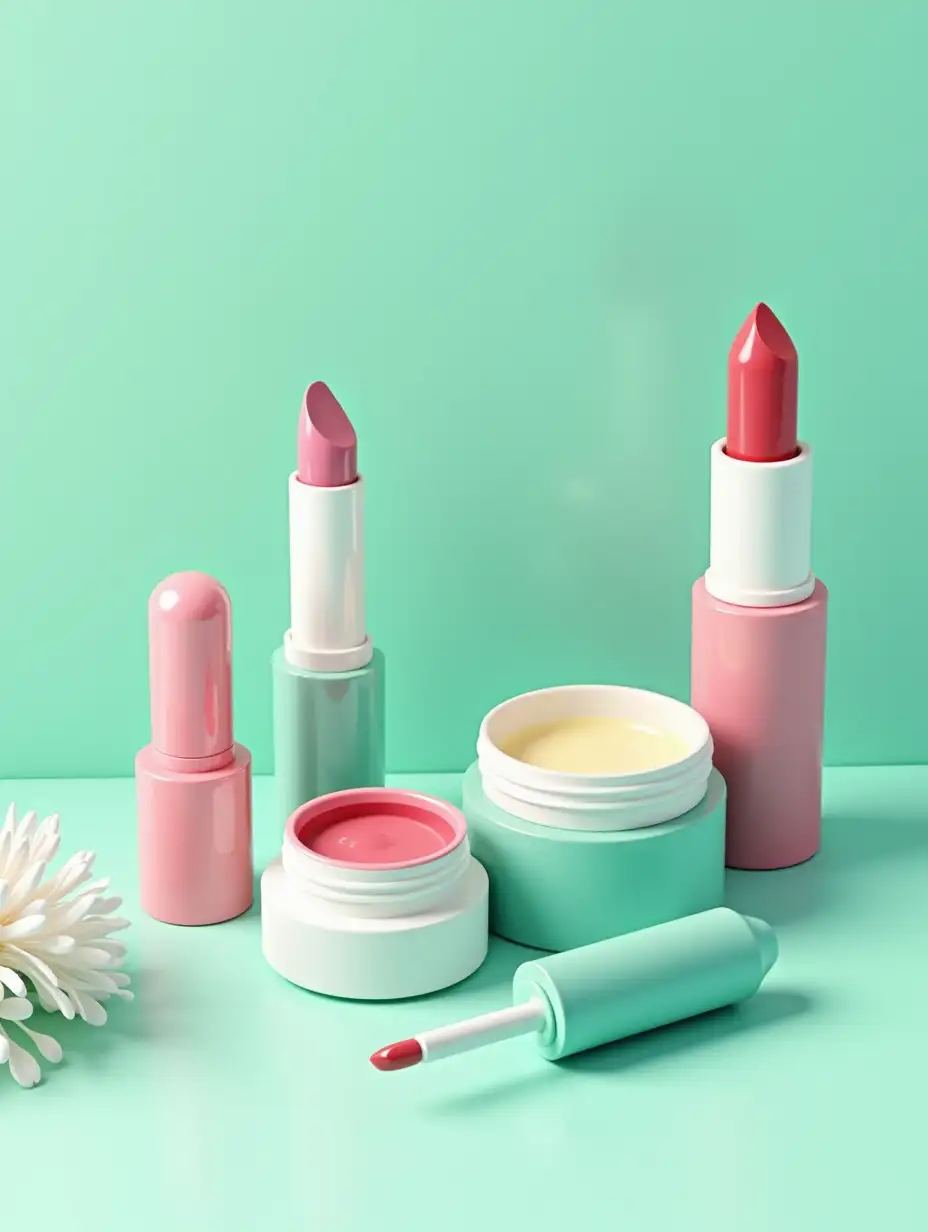 cosmetics on the table in 3d cartoon style, lipstick, nail polish, cream. bright colors with emerald color, vector illustration