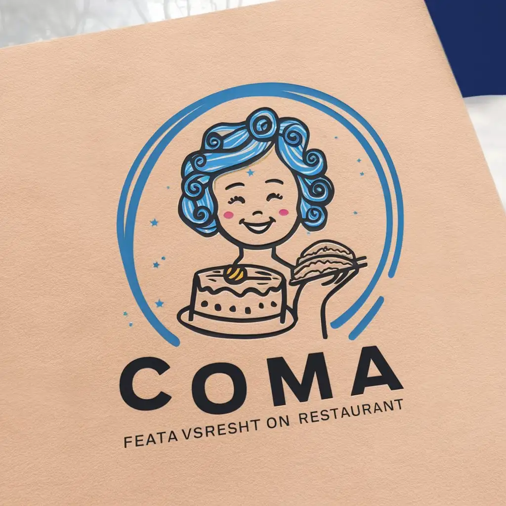 a vector logo design,with the text "Coma", main symbol:A simple logo of a very pretty and kind girl with curly blue hair wearing cake, (show only head to neck), holding chinese baos in her hand while smiling. There is blue circle around her in free form line just similar to the logo ourline. The background color should be white. Logo should be minimal line weight and minimal. Only motocolour blue. Please make it very very simple, can be used as stamp on restaurant bag. -,Moderate,be used in Restaurant industry,clear background