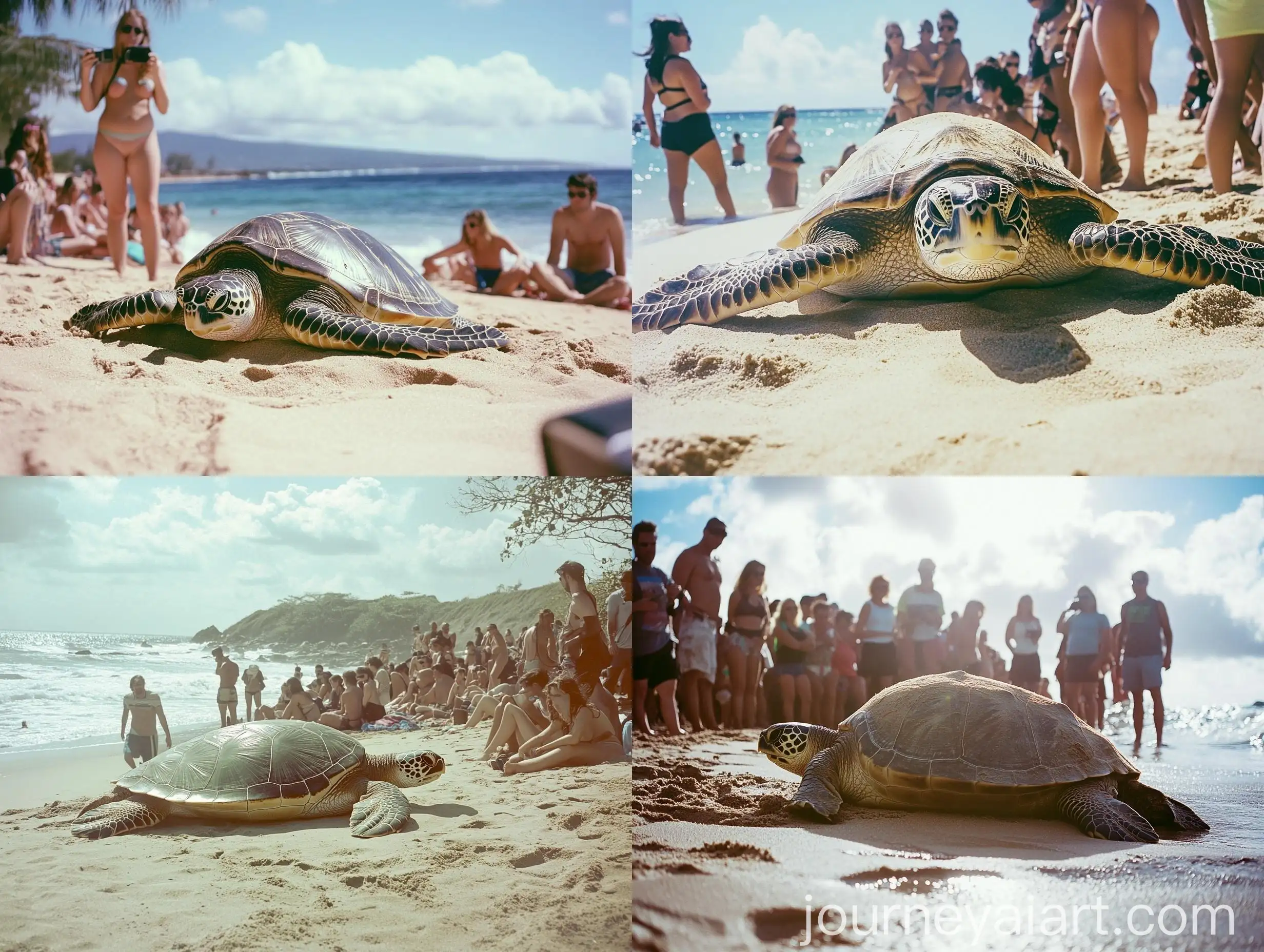 Vintage-Beach-Scene-with-Giant-Turtle-and-People