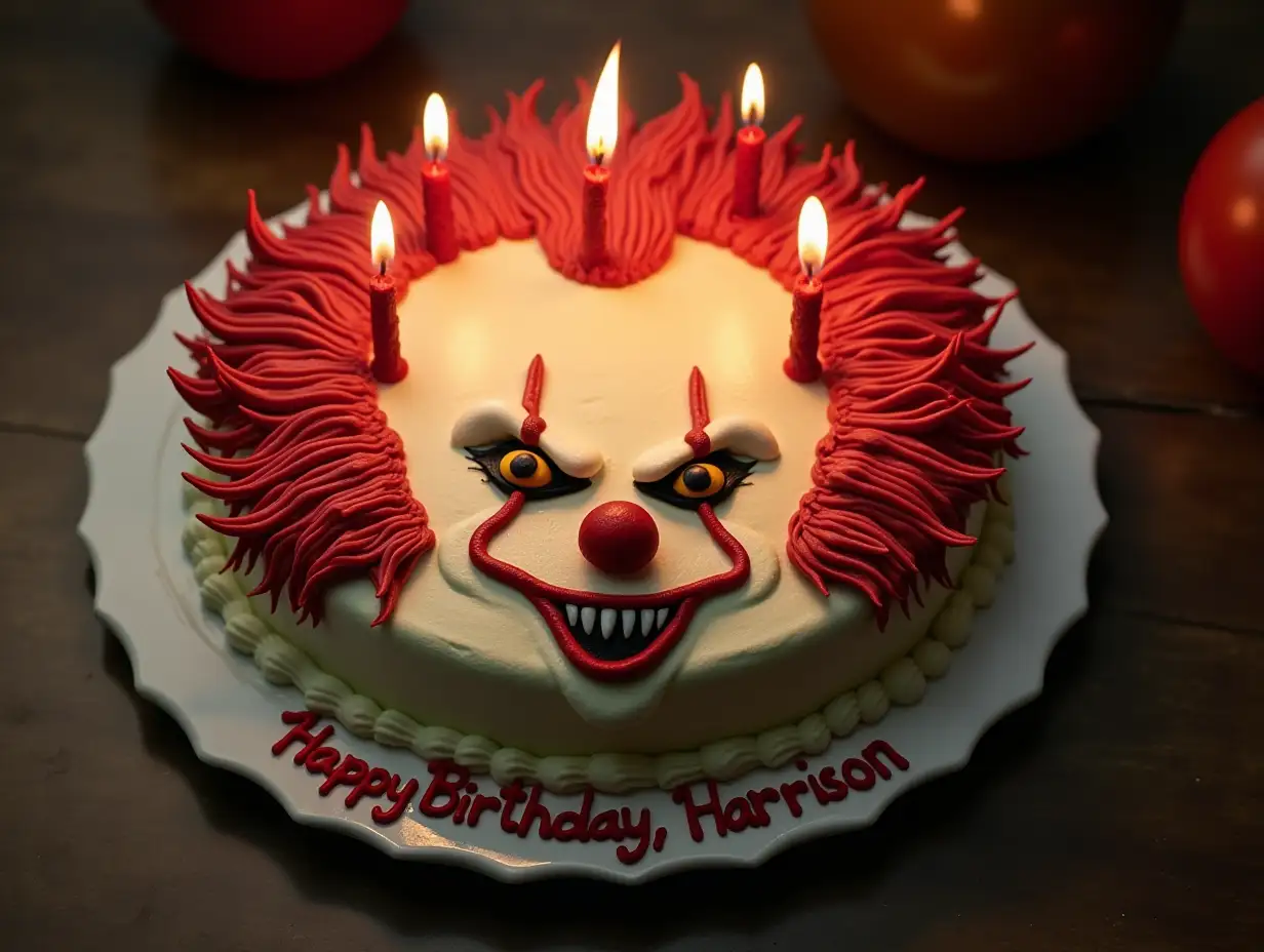 Pennywise horror birthday cake, with the writing 'Happy Birthday, Harrison'