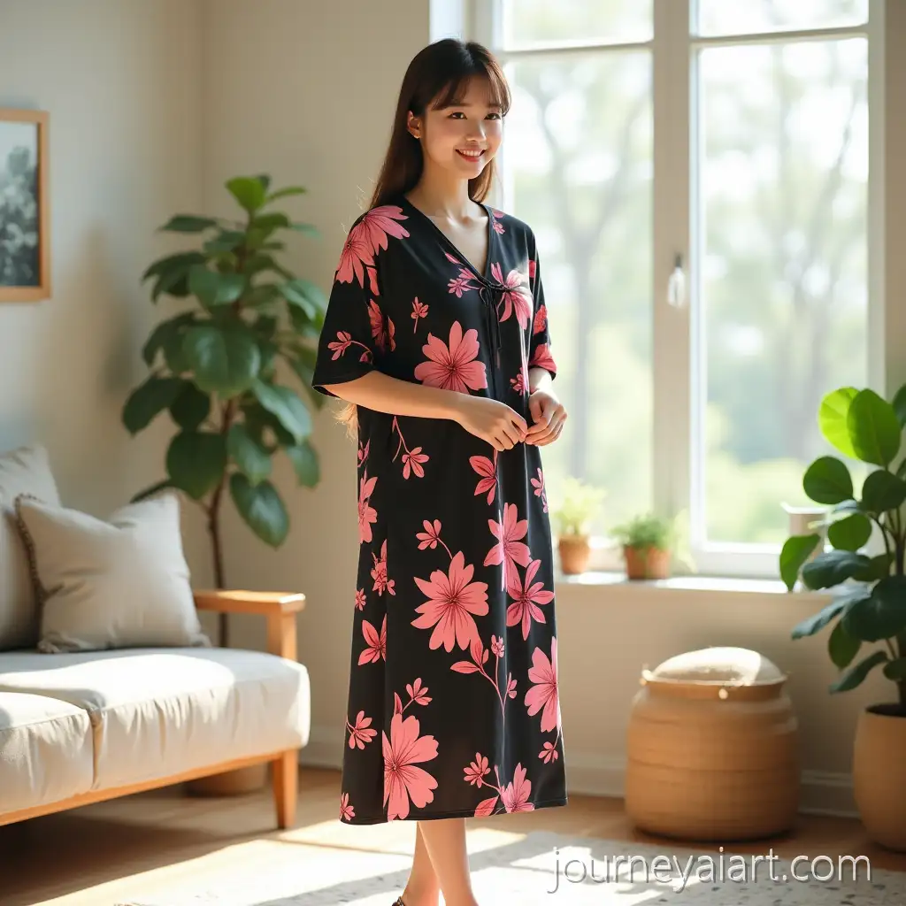 Beautiful-Young-Japanese-Woman-in-Cozy-Living-RoomAI-Image-Prompt-Expansion-Wearing-Black-Floral-Nightdress