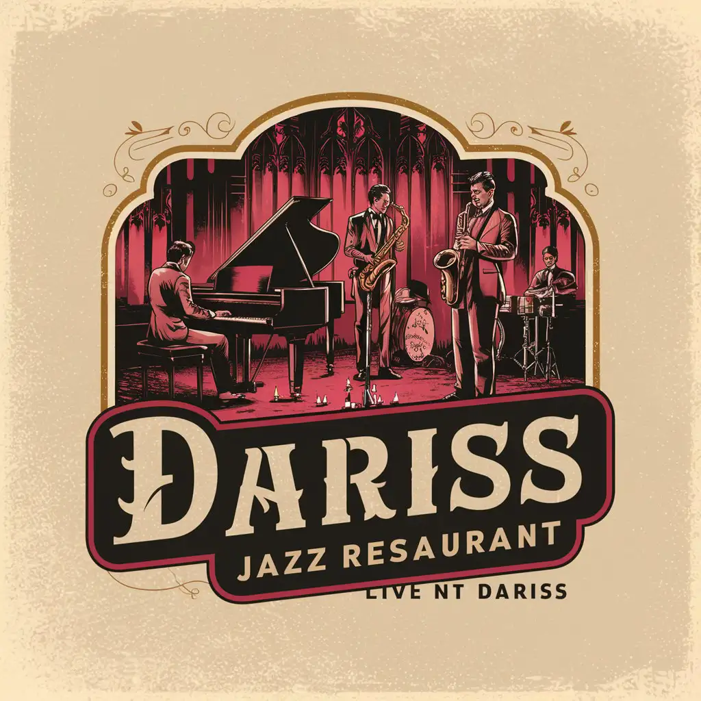 Gothic-Style-Jazz-Restaurant-Logo-DARISS-with-Pianist-and-Saxophonist-on-Stage