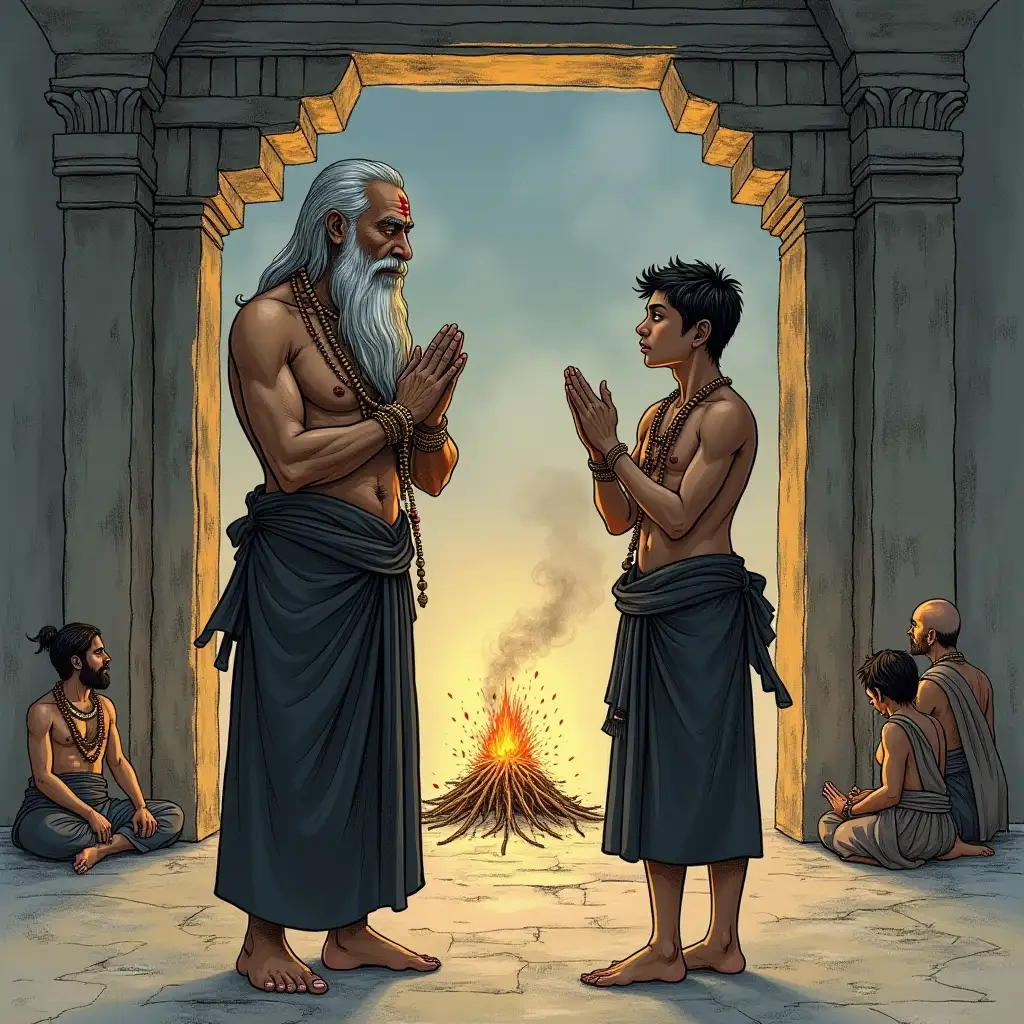 A hand-drawn, storybook-style illustration depicting two Aghoris standing solemnly at the entrance of a crematorium (cremation ground) under a dimly lit sky. The elder Aghori, with a long, flowing beard and wise, intense eyes, has a bold tilak on his forehead, while the younger Aghori, also with a tilak, stands beside him, mirroring his reverence. Both are dressed in black dhotis, adorned with Janeu and Rudraksha malas around their necks and wrists. They stand with folded hands in Pranam, gazing into the crematorium, where faint smoke rises from distant pyres. The background is sketched with fine details, showing an ancient temple gate, flickering firelight, and silhouettes of meditating ascetics. The art style has a vintage, mystical touch with textured pencil strokes and soft shading, evoking a spiritual and mysterious atmosphere perfect for a storybook narrative.