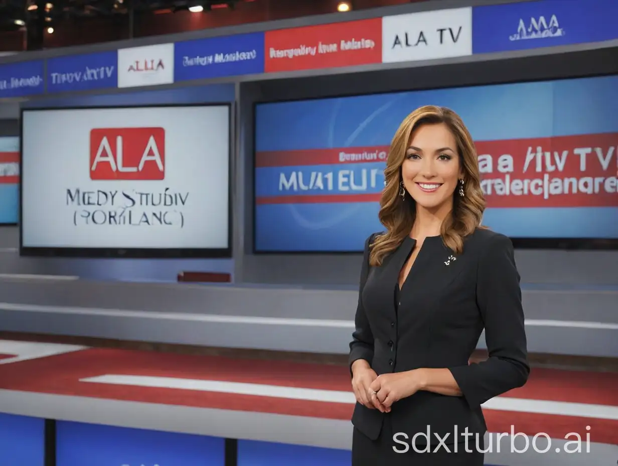 ALA TV spokesperson showing the impressive ALA TV logo on the background, it's a view of televisions together displaying the beautiful text and media studio of ALA TV