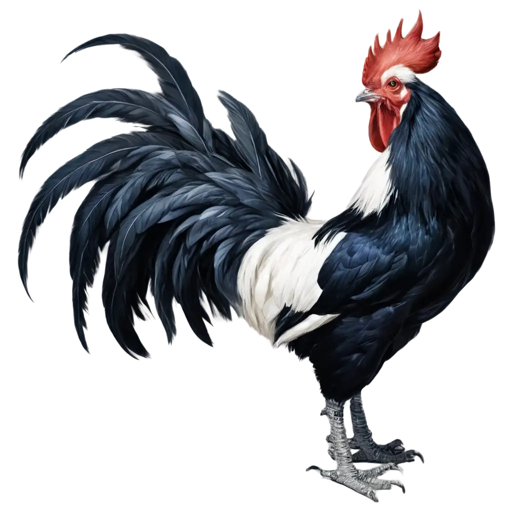 Ravenous-BlackandWhite-Rooster-Pecking-at-Blue-Fox-PNG-Image