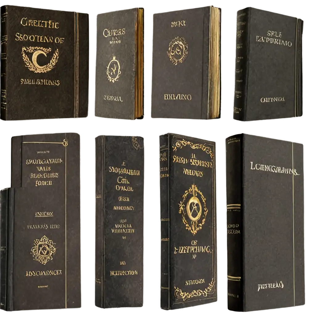 Create a mockup of a bibliographical collection of 47 books titled 'Works of São Cipriano,' displayed on wooden shelves in an old, dimly lit library with a mystical and ancient atmosphere. The books should have worn, leather-bound covers, embossed with gold lettering, featuring occult symbols like pentagrams, crescent moons, and other esoteric imagery. Each book should have its title visible, showcasing different magical themes such as 'Spells of Protection,' 'Invisibility Rituals,' 'Curses and Hexes,' and 'Wealth Attraction.' The lighting should cast soft shadows, emphasizing the mysterious and arcane feel of the collection.