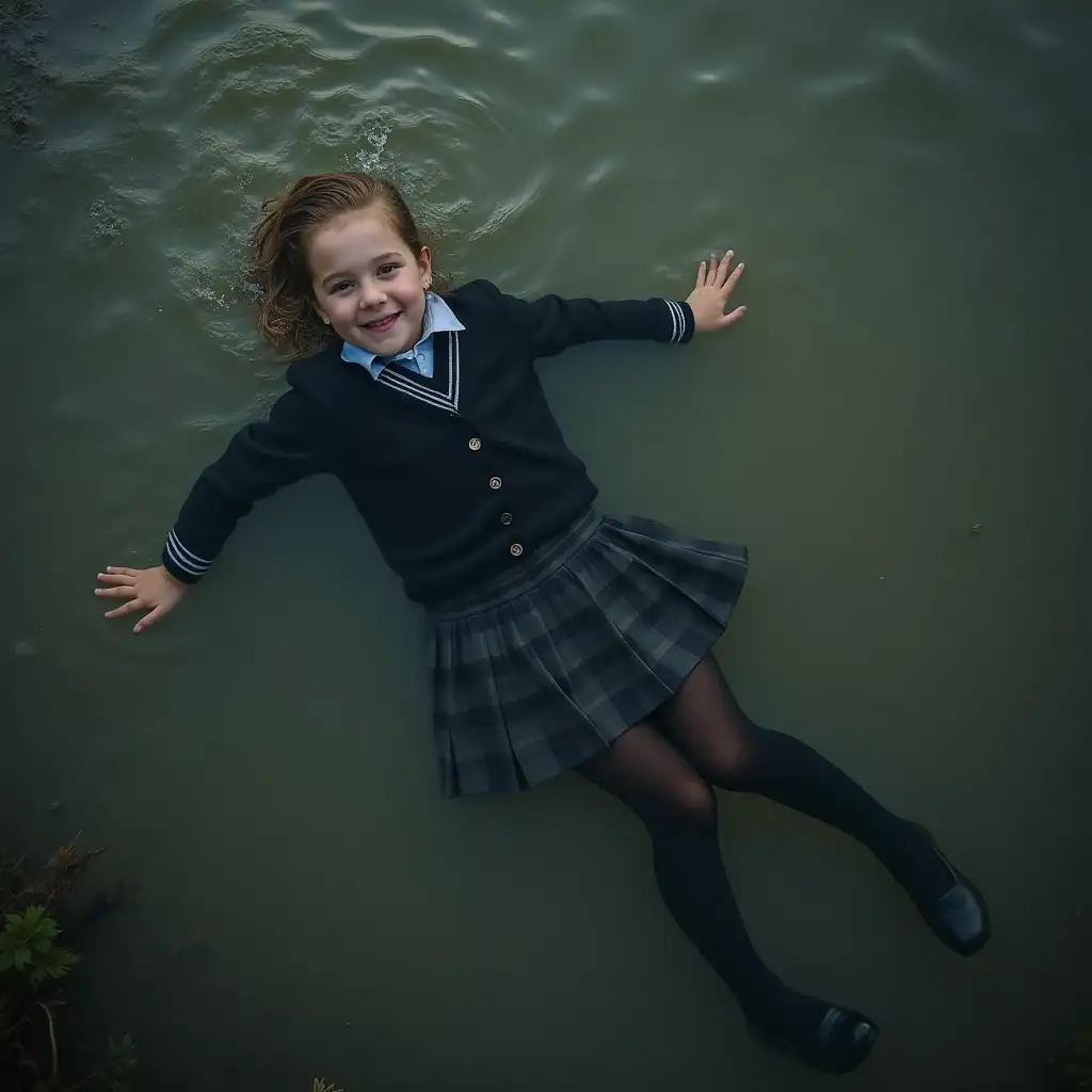 A young schoolgirl in a school uniform, with a skirt, jacket, blouse, dark tights, high-heeled shoes. Swims in a dirty pond. Lies underwater. In the water up to her neck. The whole body is under water. Immersed in water. Below the surface of the water. Below the surface of the water. The entire clothing is completely wet. The clothes are soaked through. There are no dry parts of the clothes. Wet clothes stick to the body.