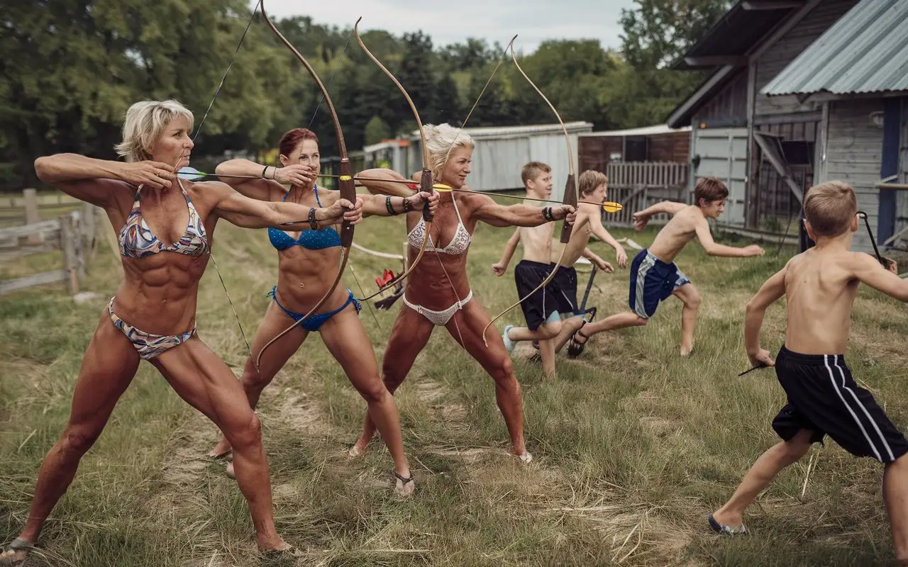 Muscular-Mature-Woman-in-Bikini-with-Bows-Chasing-Fleeing-Boys