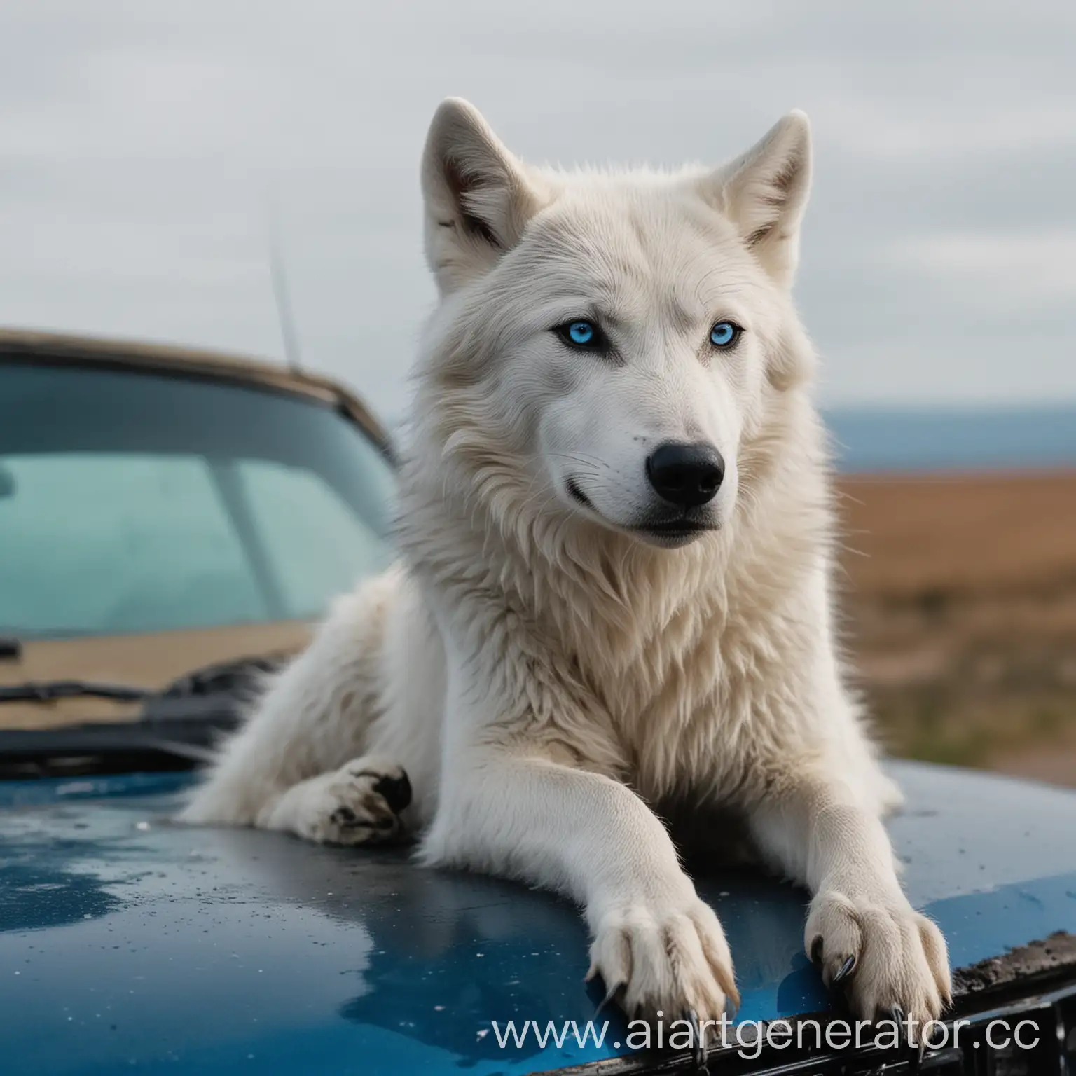 White-SheWolf-with-Black-Hair-and-Blue-Tips-Sitting-on-Car-Hood