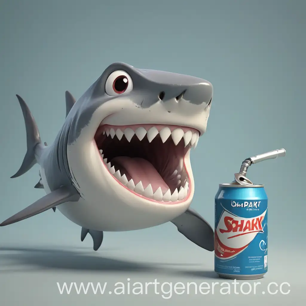 3d shark smiles with a can in its mouth