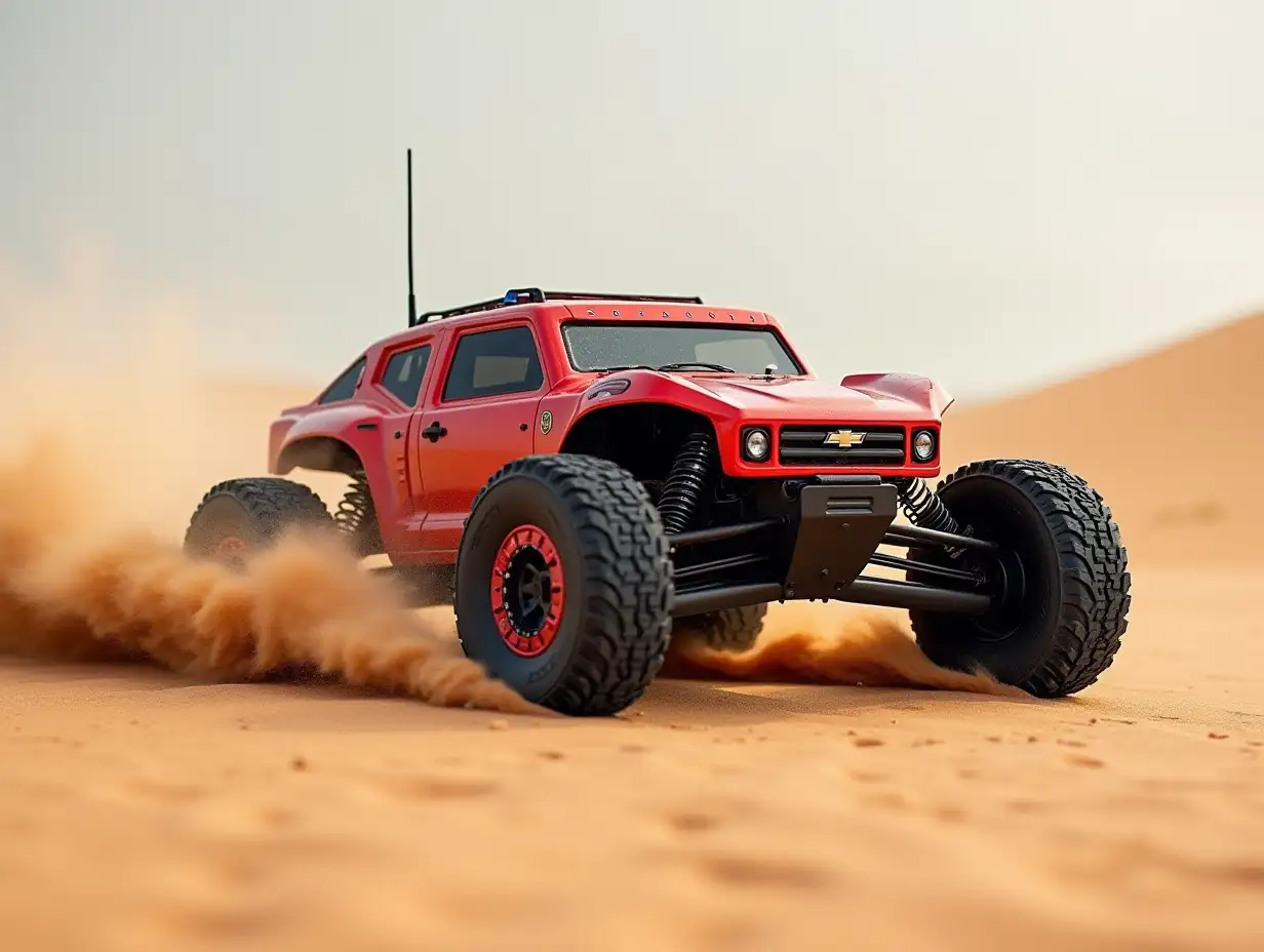 created intensely powerful radio-controlled off-road vehicle with a strong red color and sand