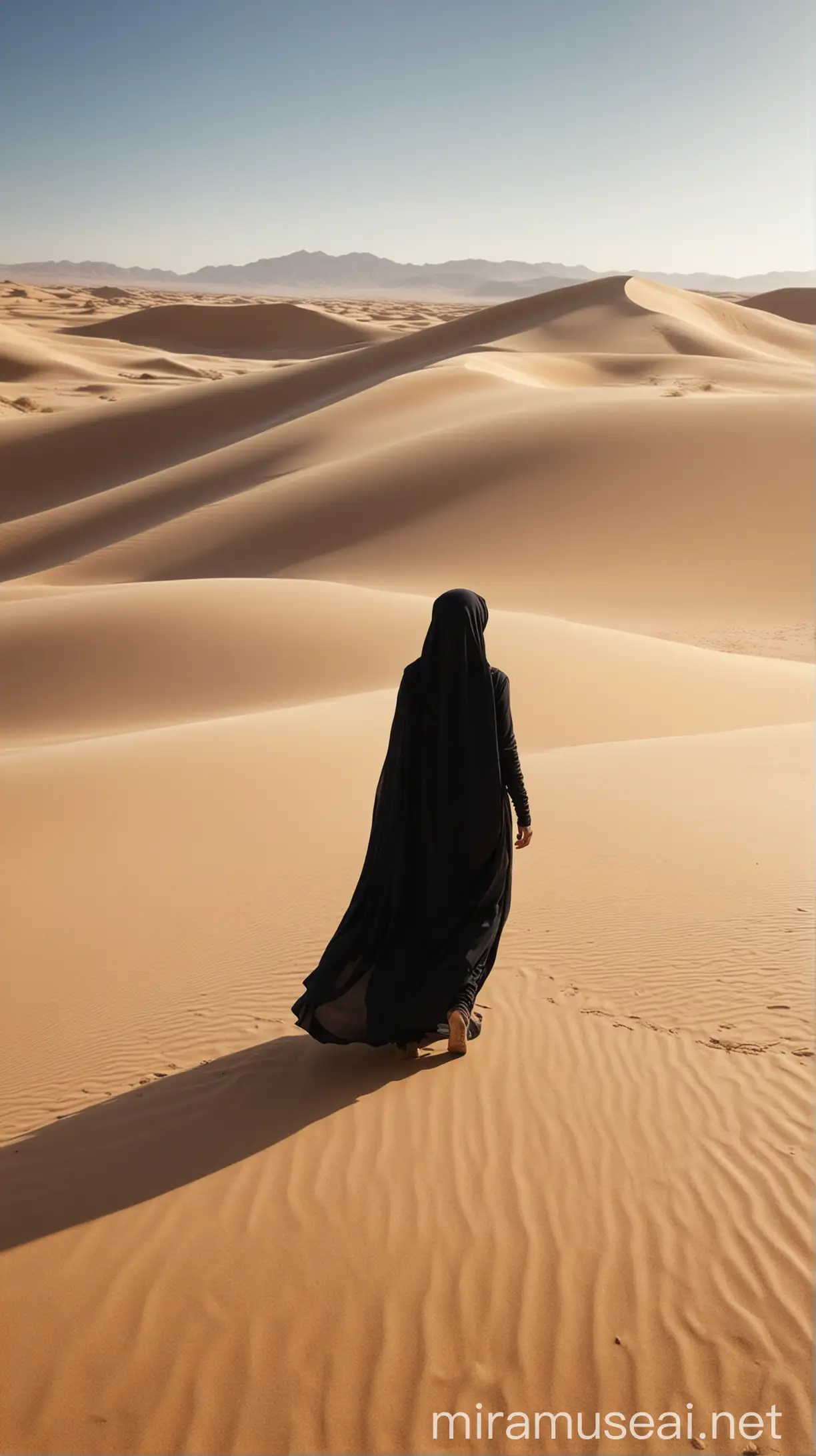 Arab Woman in Black Hijab Walking Through Serene Desert Landscape