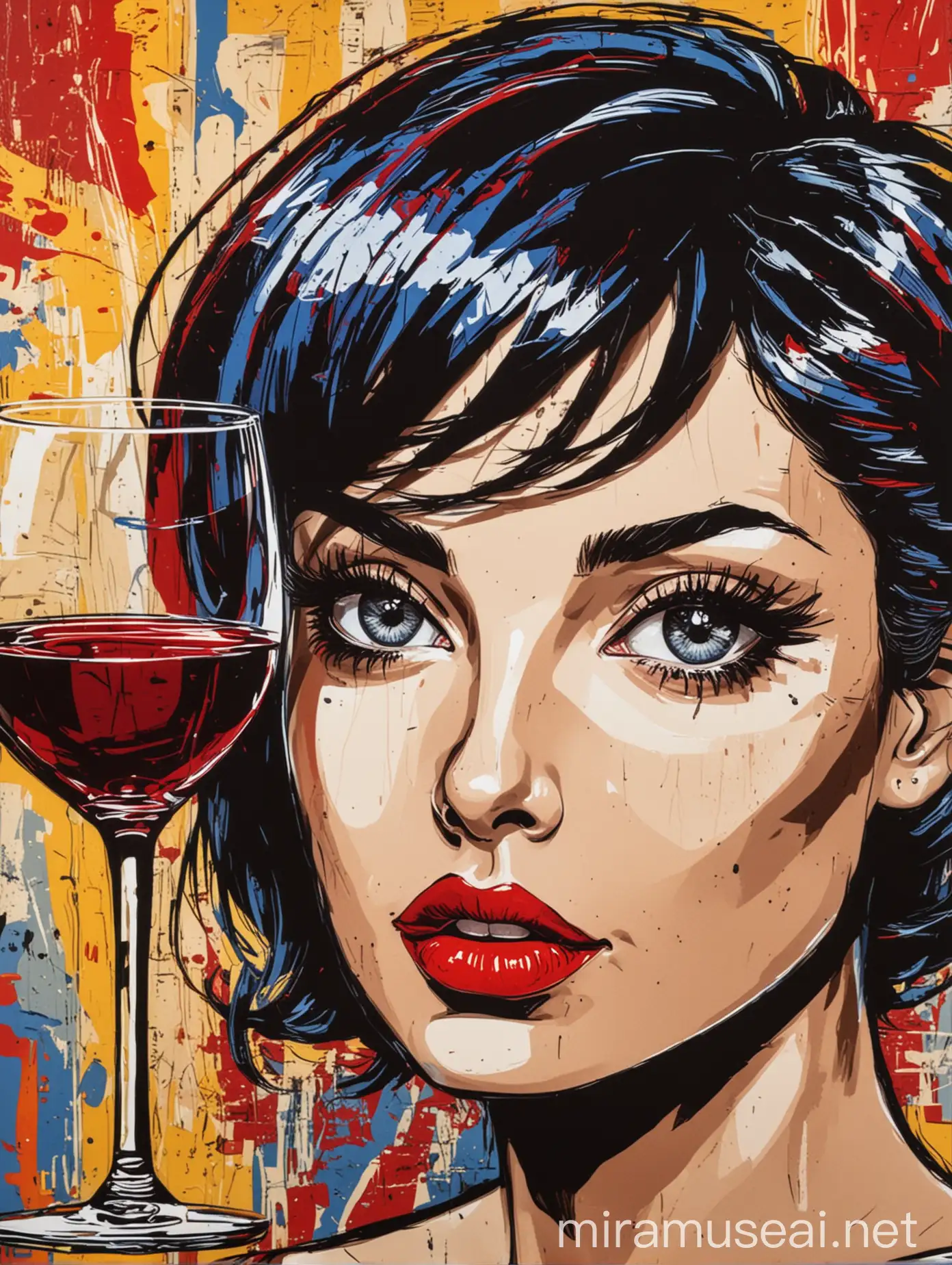 Woman with Short Dark Hair Holding Wine Glasses in Pop Art Style