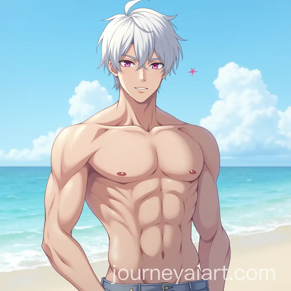 Anime-Male-with-White-Hair-and-Pink-Eyes-Posing-on-Beach-with-SixAI-Image-Prompt-Expansionpack-Abs