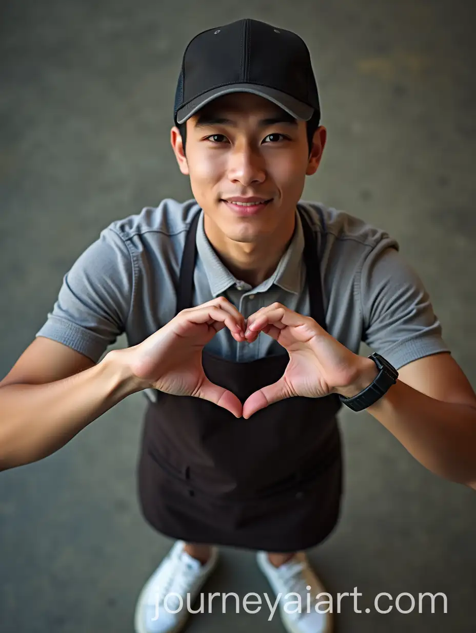 Young-Indonesian-Waiter-Making-Heart-Gesture-in-Uniform-and-Baseball-Cap