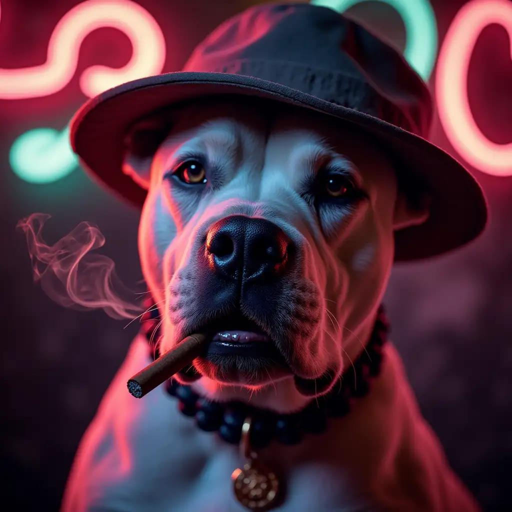 American pit bull dog wearing cap and jewellery smoking cigar and smoke coming out from it with neon background