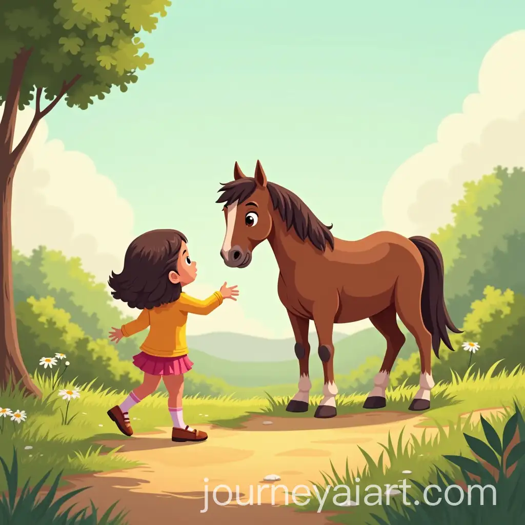 Little-Girl-Approaching-a-Horse-in-Cartoon-Style