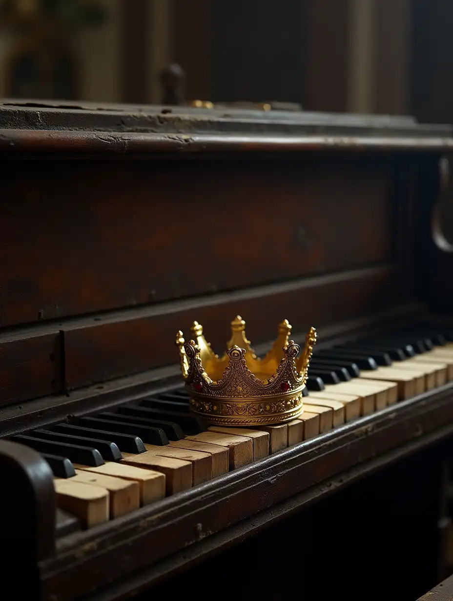 A broken piano with royal crown on it.