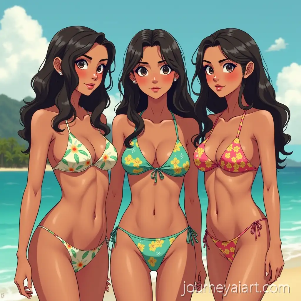 Three-Young-Hawaiian-Japanese-Women-in-Bikinis-Enjoying-Friendship-on-the-Beach