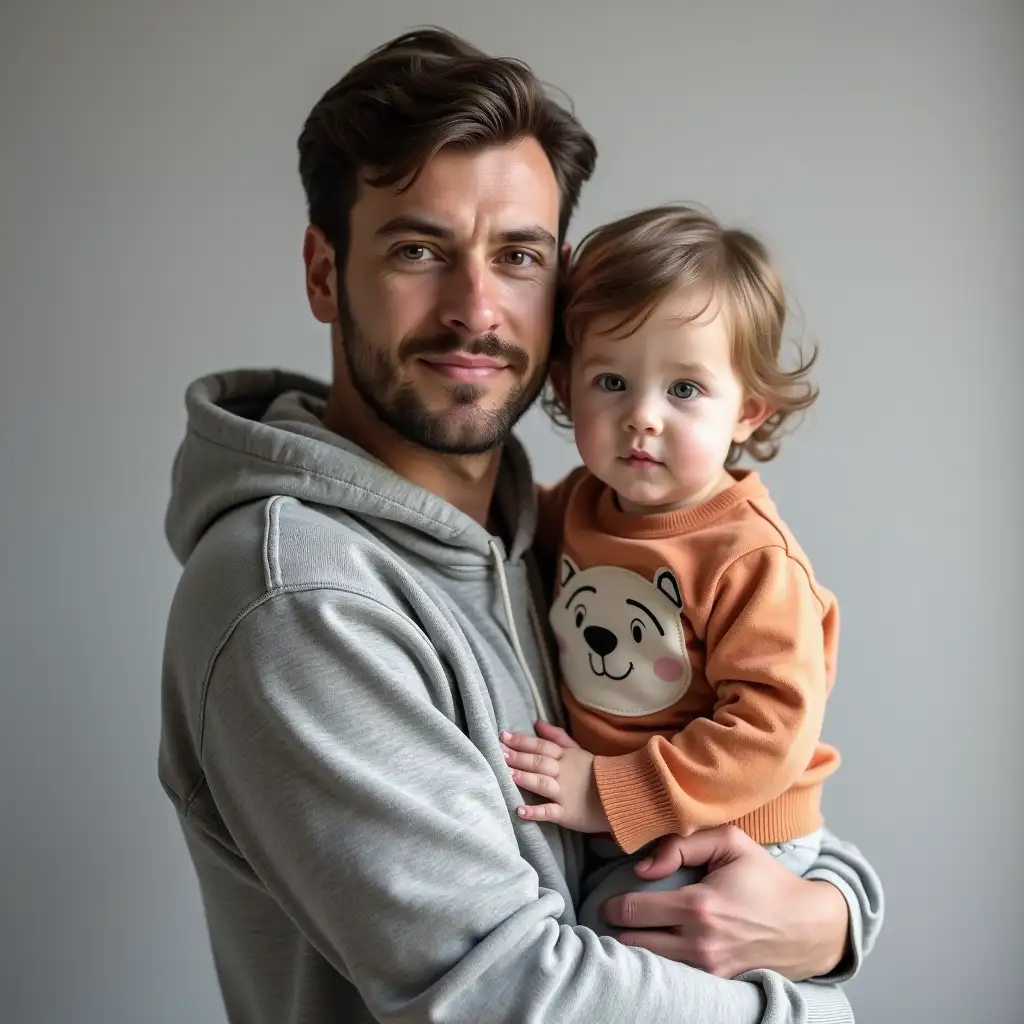 Portrait of a man (age:1.1, ethnicity: Caucasian) holding a toddler (age:1.0, ethnicity: Caucasian) , medium shot,  center composition,  man facing forward,  toddler facing forward,  man's expression: neutral,  toddler's expression: neutral,  man wearing a gray hoodie (detailed clothing:1.2), toddler wearing an orange/peach long-sleeved shirt with animal print (detailed clothing:1.2), simple background, gray neutral tone,  soft lighting,  photorealistic, high detail,  black and white photography,  detailed facial features (man:1.3, toddler:1.3),  body language relaxed.